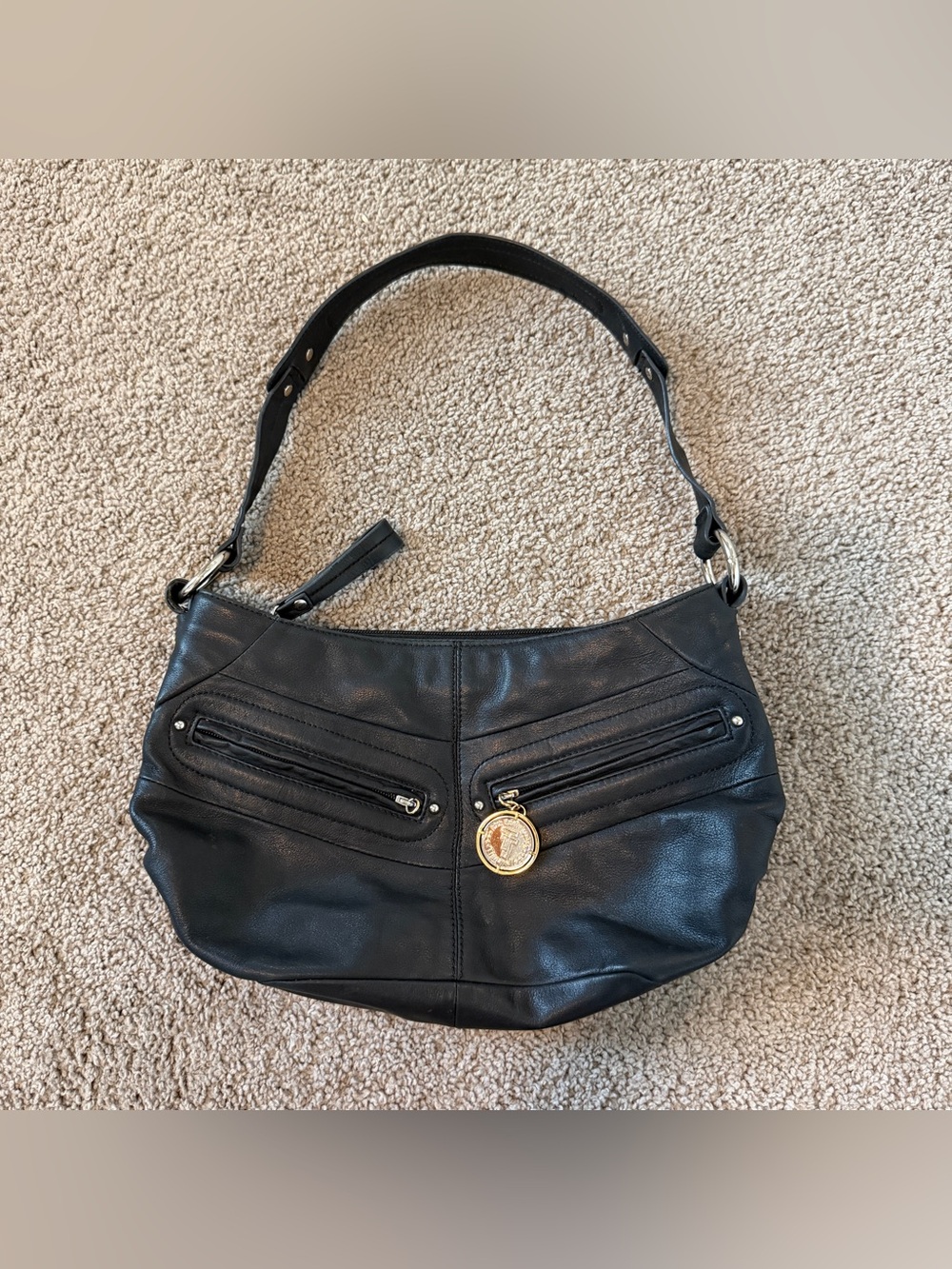 Tignanello Black Leather Shoulder Bag with Silver Accents